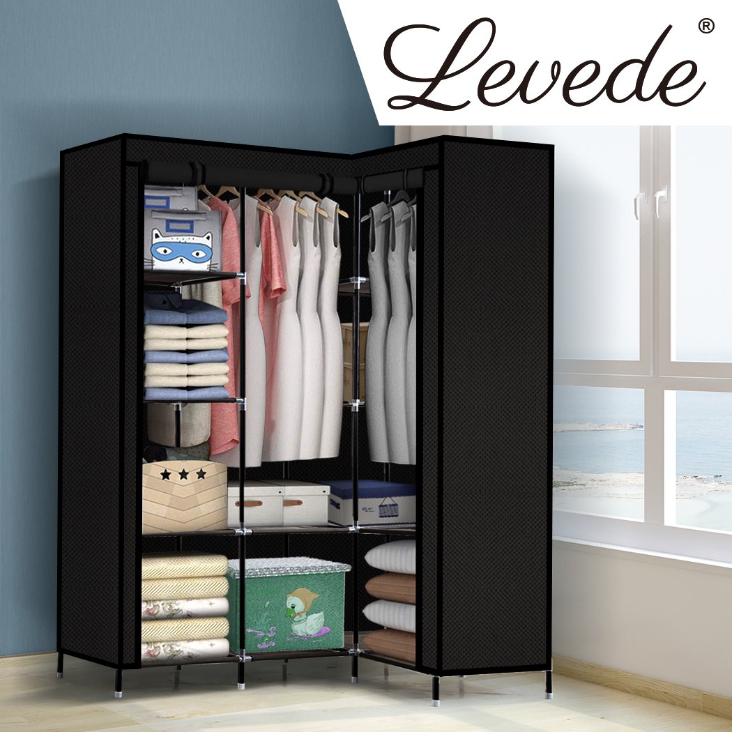 Levede Portable Clothes Closet Wardrobe in black, showcasing its ergonomic design and spacious interior, ideal for clothing storage.