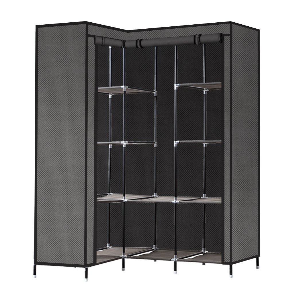 Levede Portable Corner Clothes Closet Wardrobe in grey, featuring an L-shaped design and roll-up door for easy access.