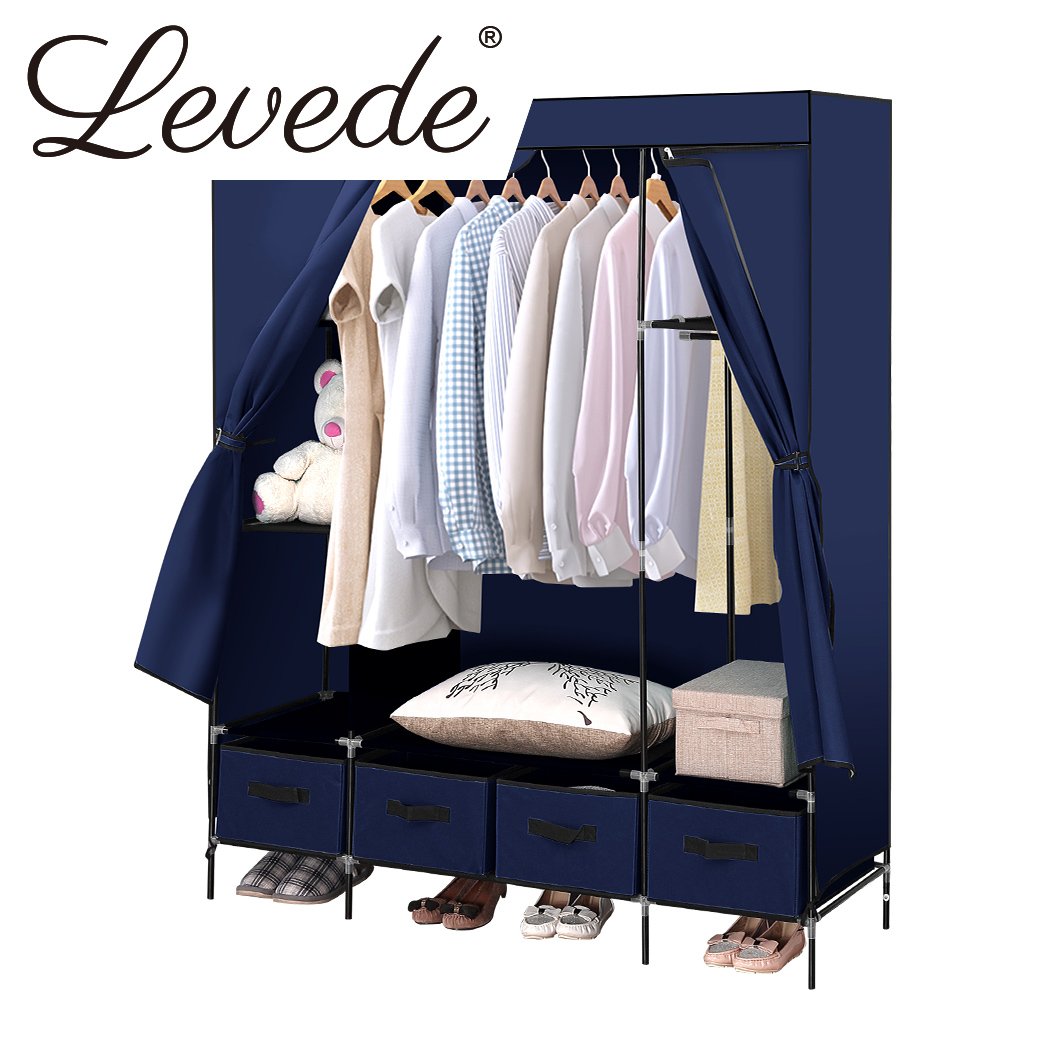 Levede Portable Wardrobe in navy blue with four drawers, showcasing its lightweight and stylish design for efficient clothing storage.