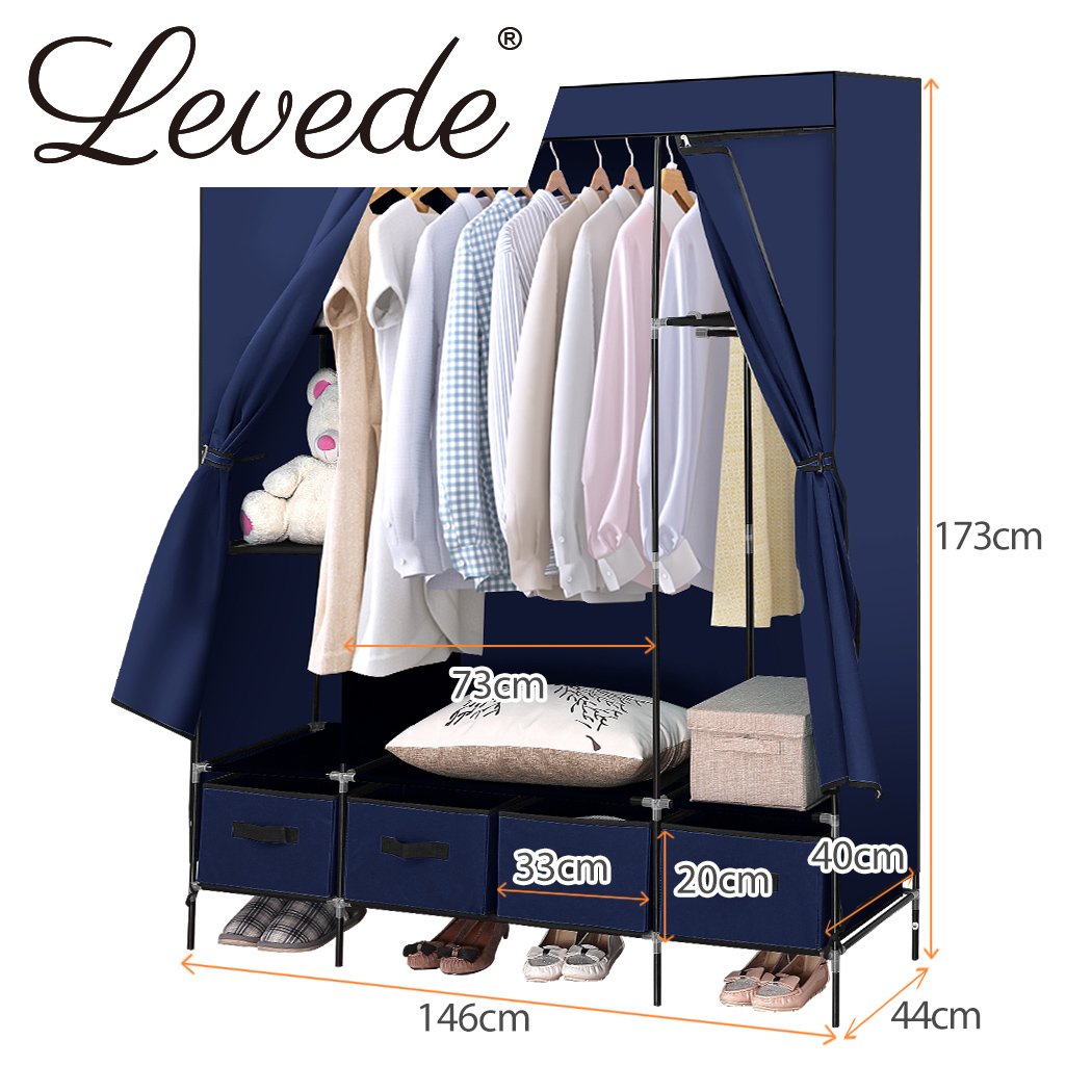 Levede Portable Wardrobe in navy blue with four drawers, showcasing its lightweight and stylish design for efficient clothing storage.