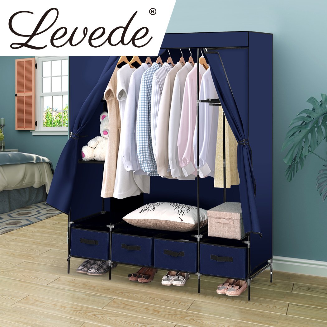 Levede Portable Wardrobe in navy blue with four drawers, showcasing its lightweight and stylish design for efficient clothing storage.