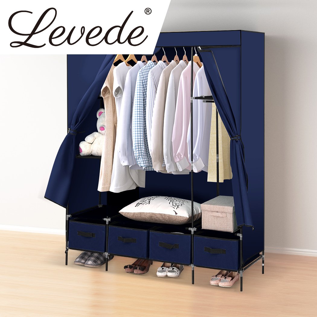 Levede Portable Wardrobe in navy blue with four drawers, showcasing its lightweight and stylish design for efficient clothing storage.