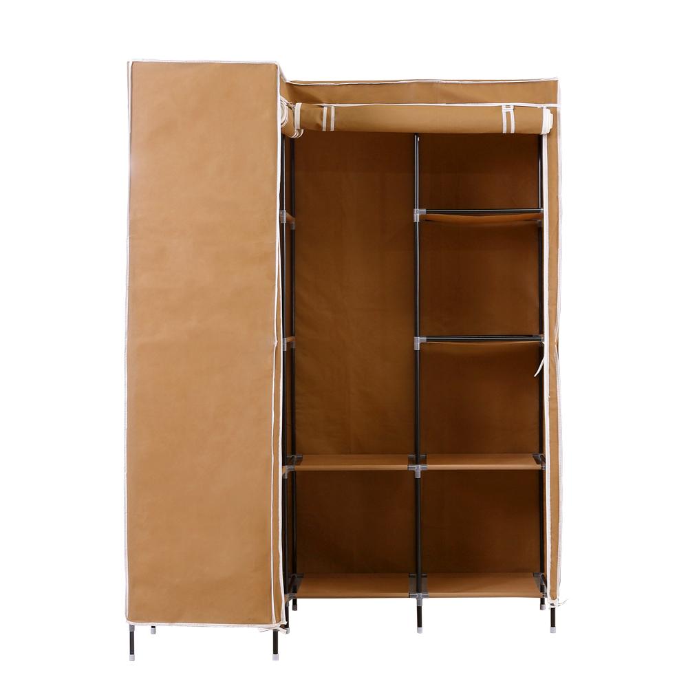 Levede Portable Wardrobe in coffee color, showcasing its L-shaped design and roll-up door, ideal for compact storage solutions.