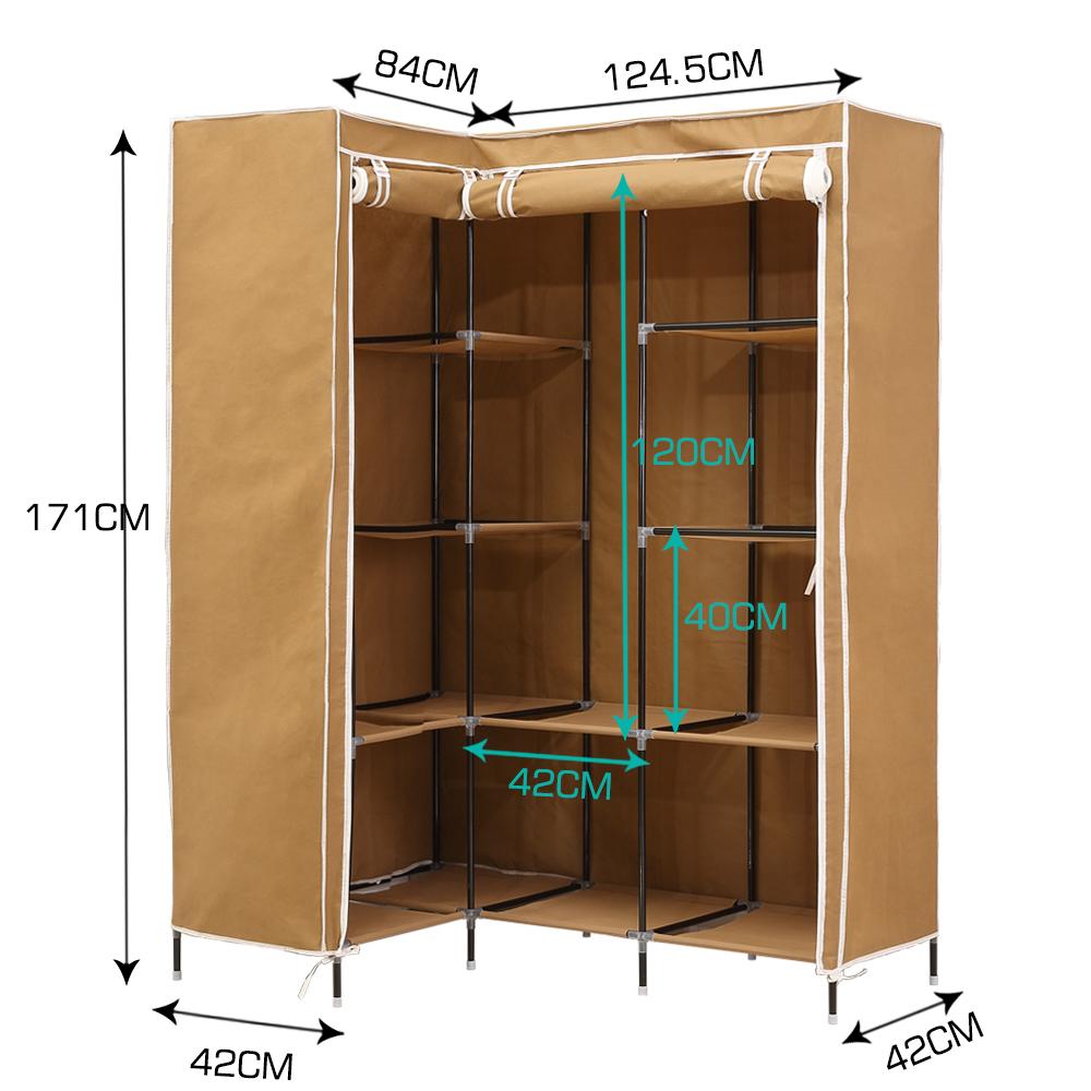 Levede Portable Wardrobe in coffee color, showcasing its L-shaped design and roll-up door, ideal for compact storage solutions.