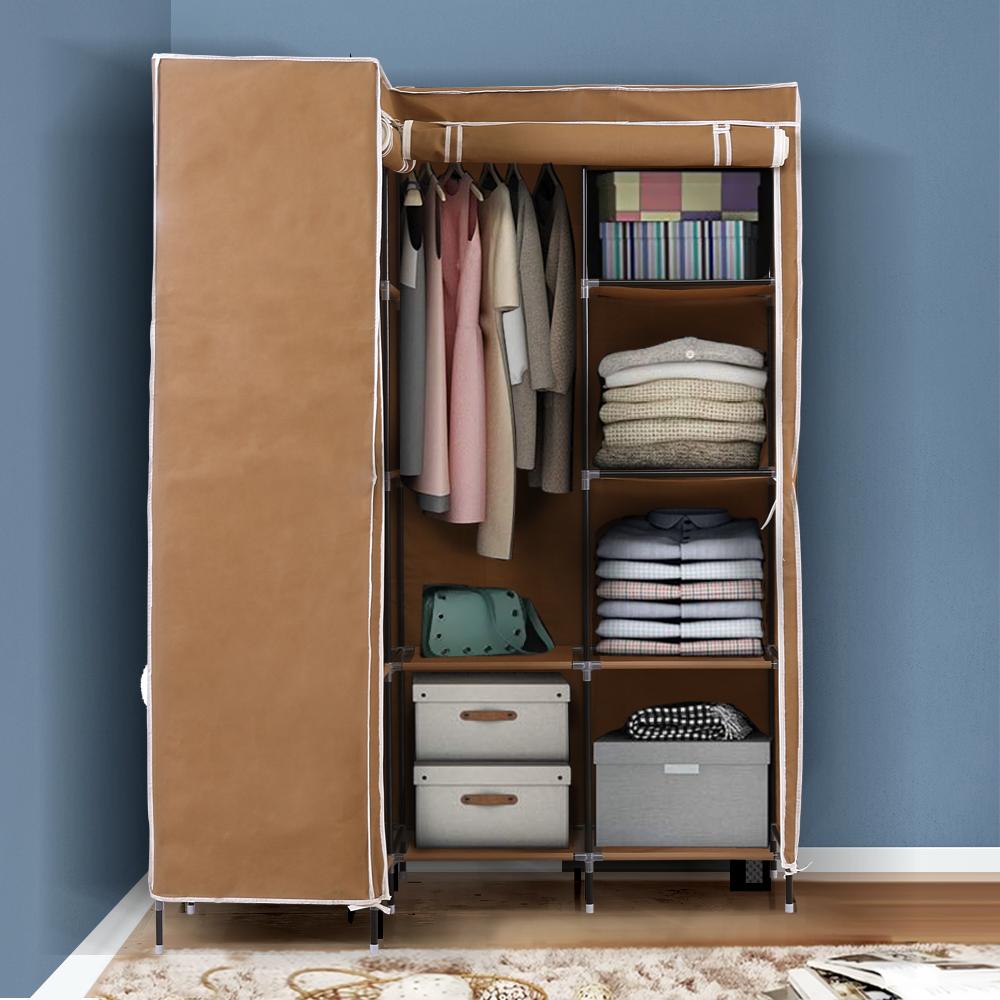 Levede Portable Wardrobe in coffee color, showcasing its L-shaped design and roll-up door, ideal for compact storage solutions.