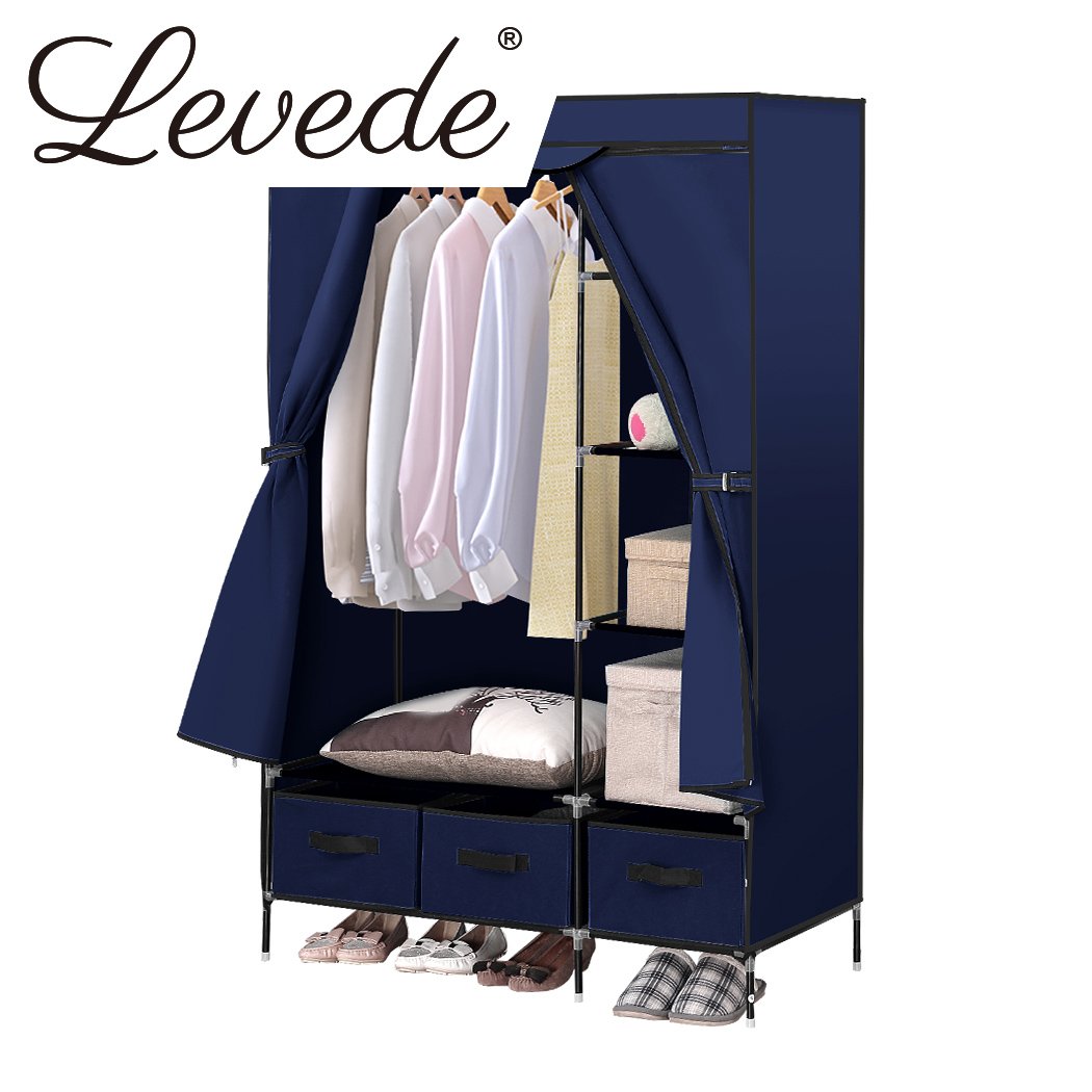 Levede Portable Wardrobe Organiser in navy blue, showcasing its lightweight design and spacious storage capacity for clothes.