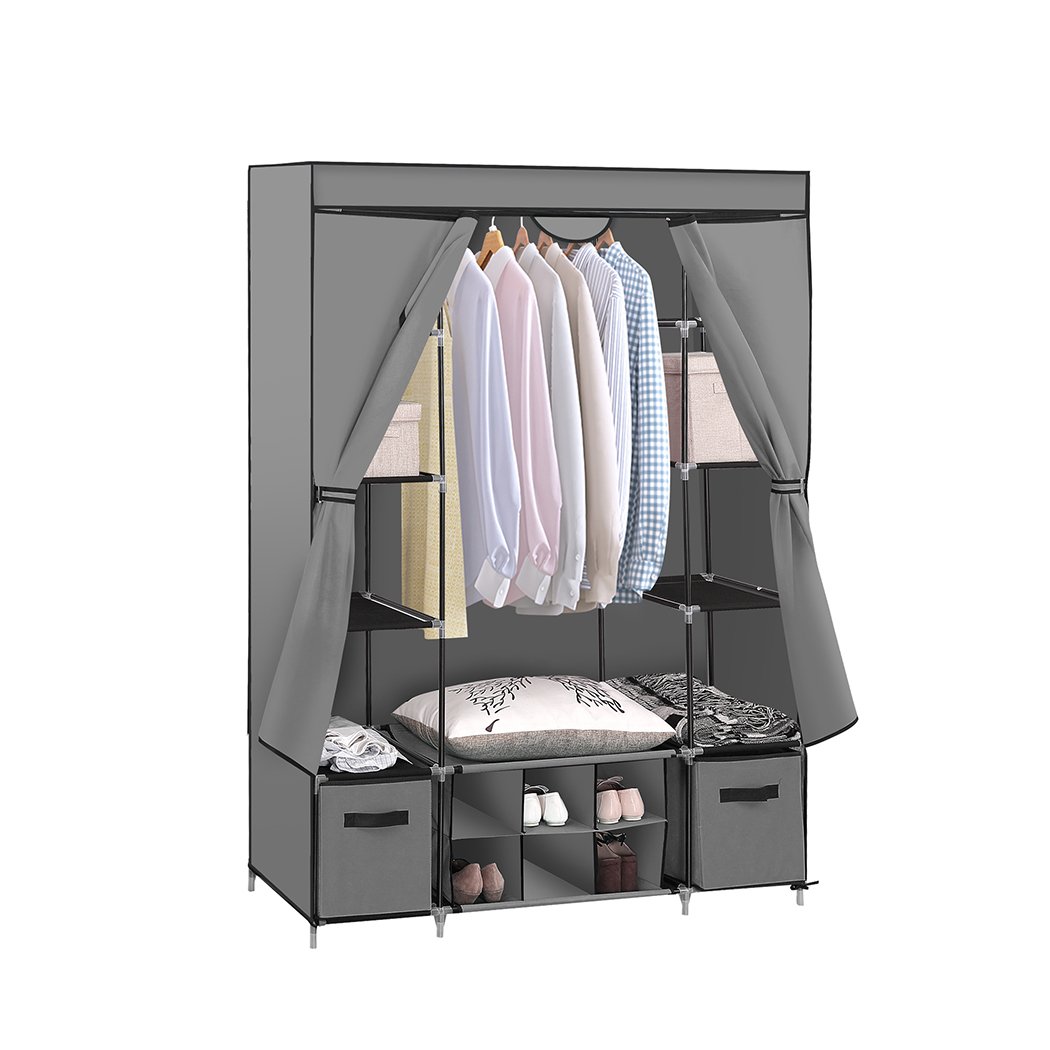 Levede Portable Wardrobe in grey, showcasing its spacious design and sturdy metal frame, ideal for organizing clothes and shoes.