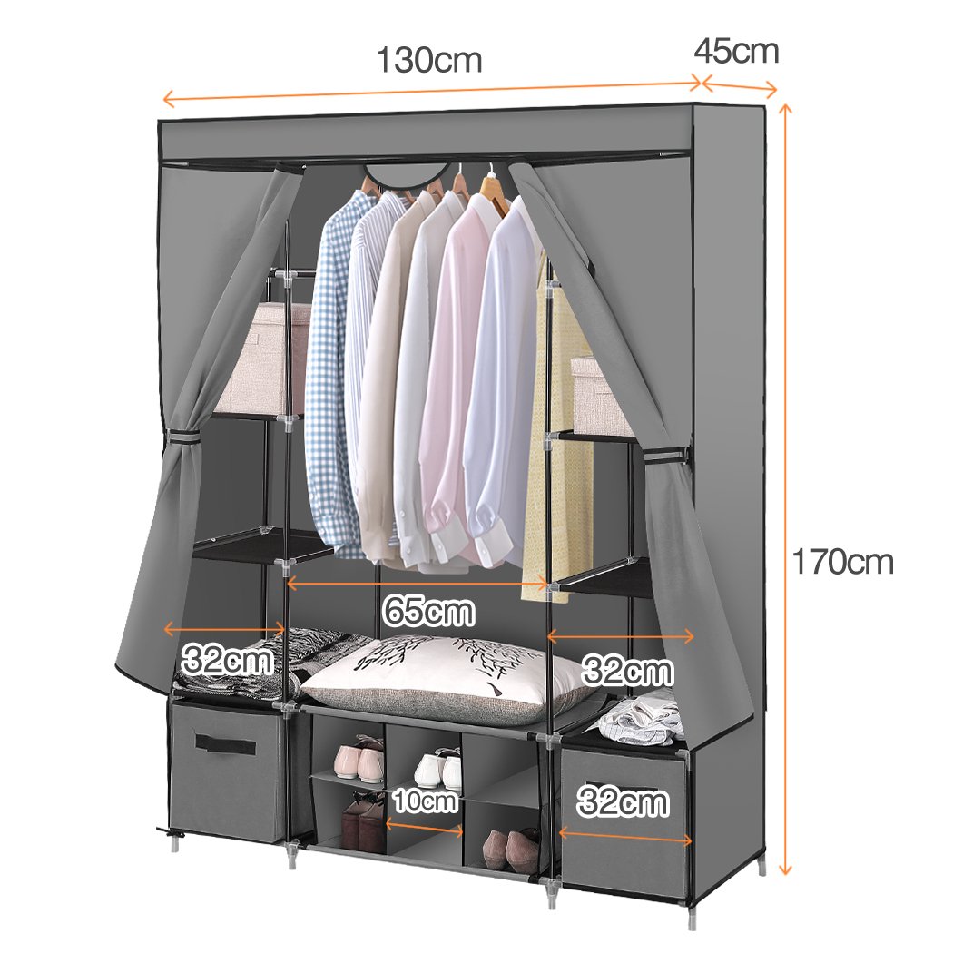 Levede Portable Wardrobe in grey, showcasing its spacious design and sturdy metal frame, ideal for organizing clothes and shoes.