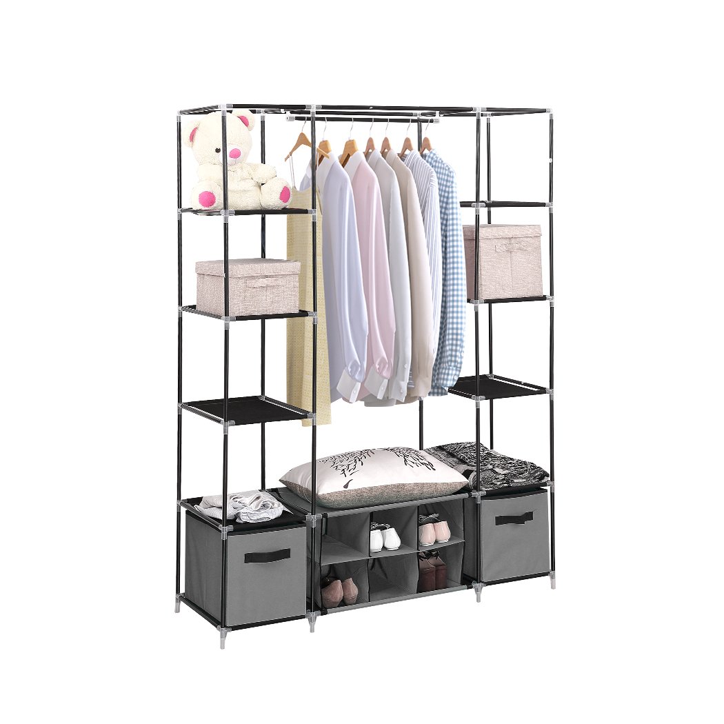 Levede Portable Wardrobe in grey, showcasing its spacious design and sturdy metal frame, ideal for organizing clothes and shoes.