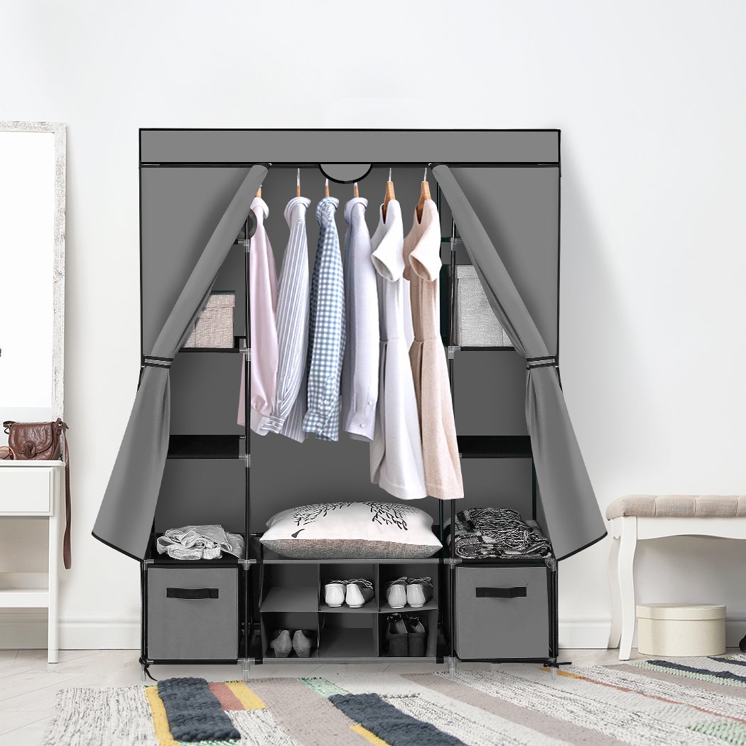 Levede Portable Wardrobe in grey, showcasing its spacious design and sturdy metal frame, ideal for organizing clothes and shoes.