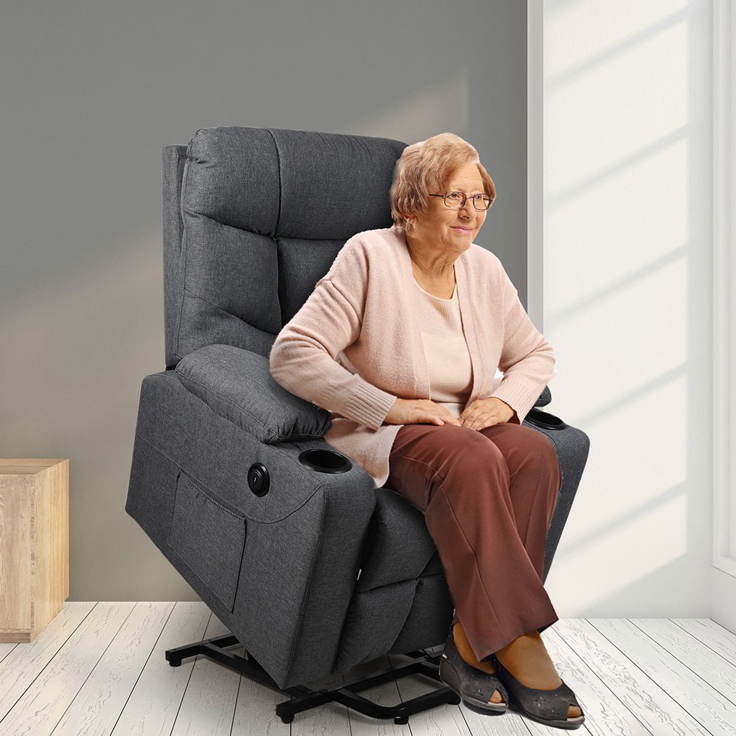 Levede Recliner Chair in grey fabric with electric lift mechanism, plush padding, and cup holders, designed for comfort and ease of use.