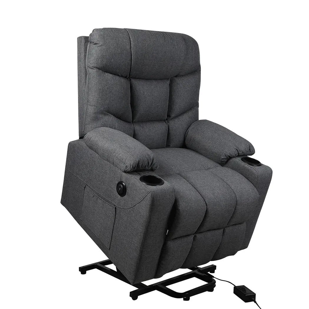 Levede Recliner Chair in grey fabric with electric lift mechanism, plush padding, and cup holders, designed for comfort and ease of use.