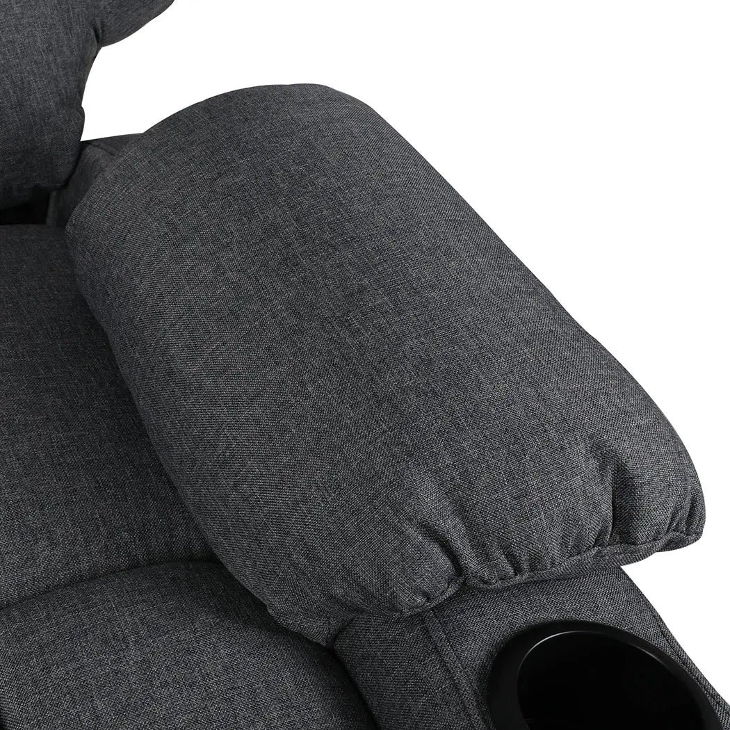 Levede Recliner Chair in grey fabric with electric lift mechanism, plush padding, and cup holders, designed for comfort and ease of use.