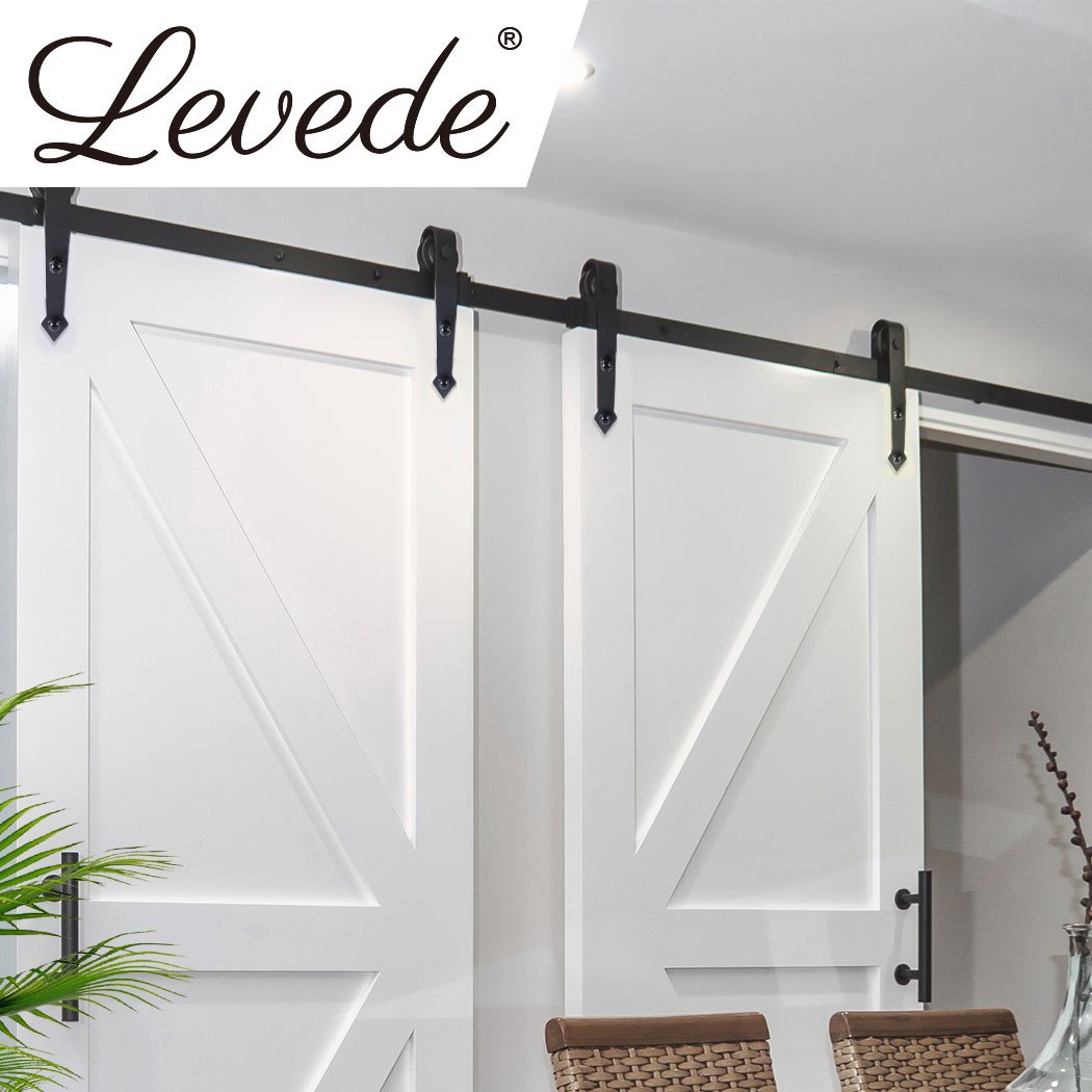 Levede Sliding Barn Door Hardware Track Set 3.66M in matte black, showcasing smooth rollers and sturdy construction for easy door operation.