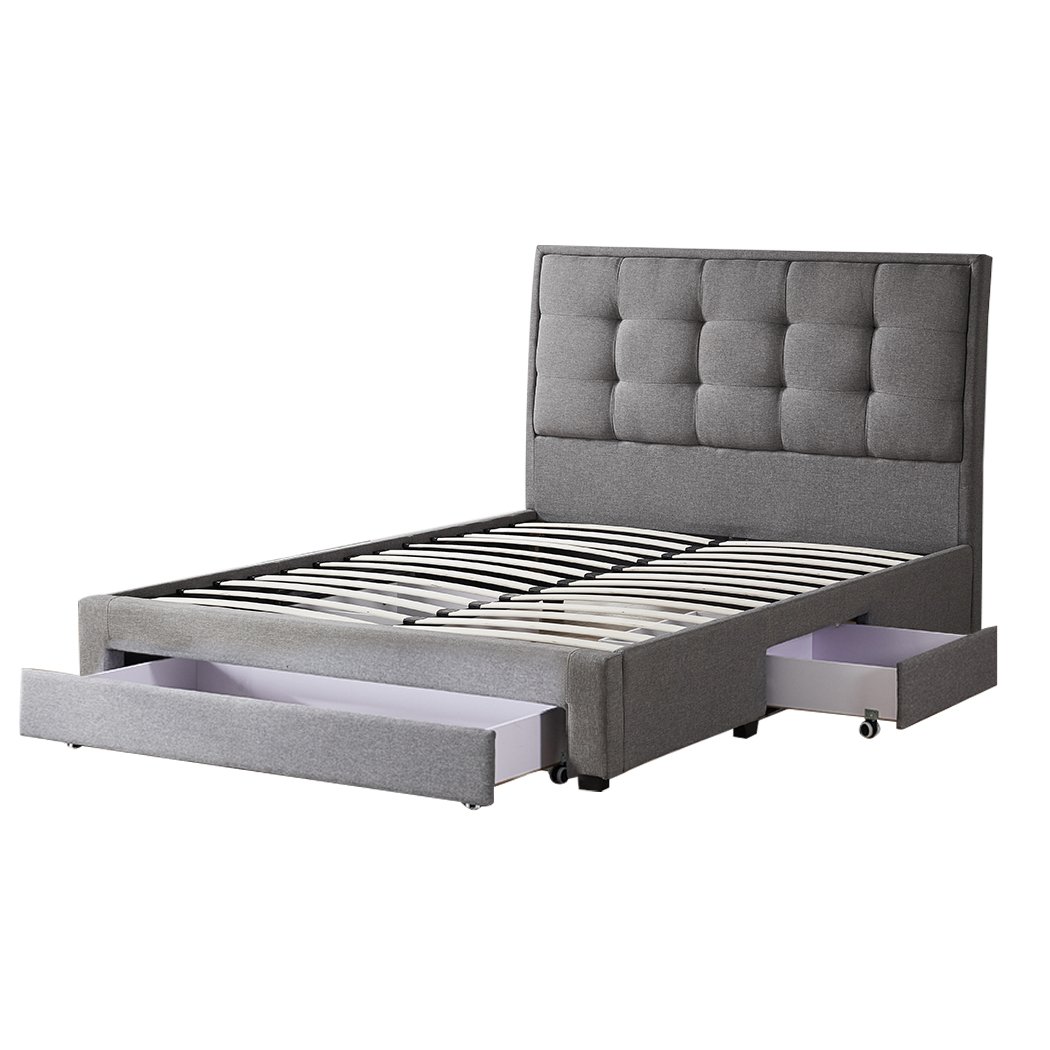 Levede Storage Bed Frame in grey with three drawers, showcasing modern design and linen upholstery.