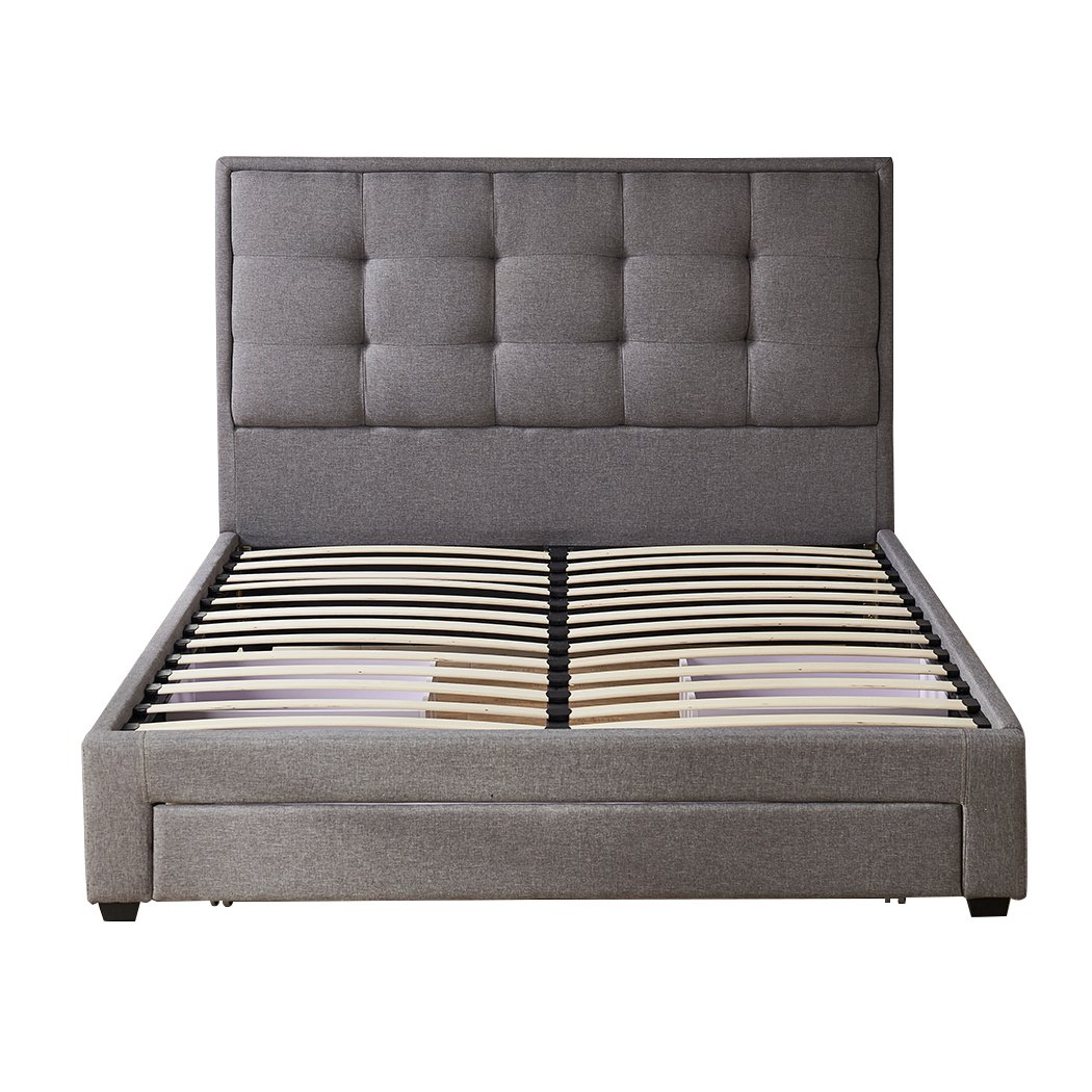 Levede Storage Bed Frame in grey with three drawers, showcasing modern design and linen upholstery.