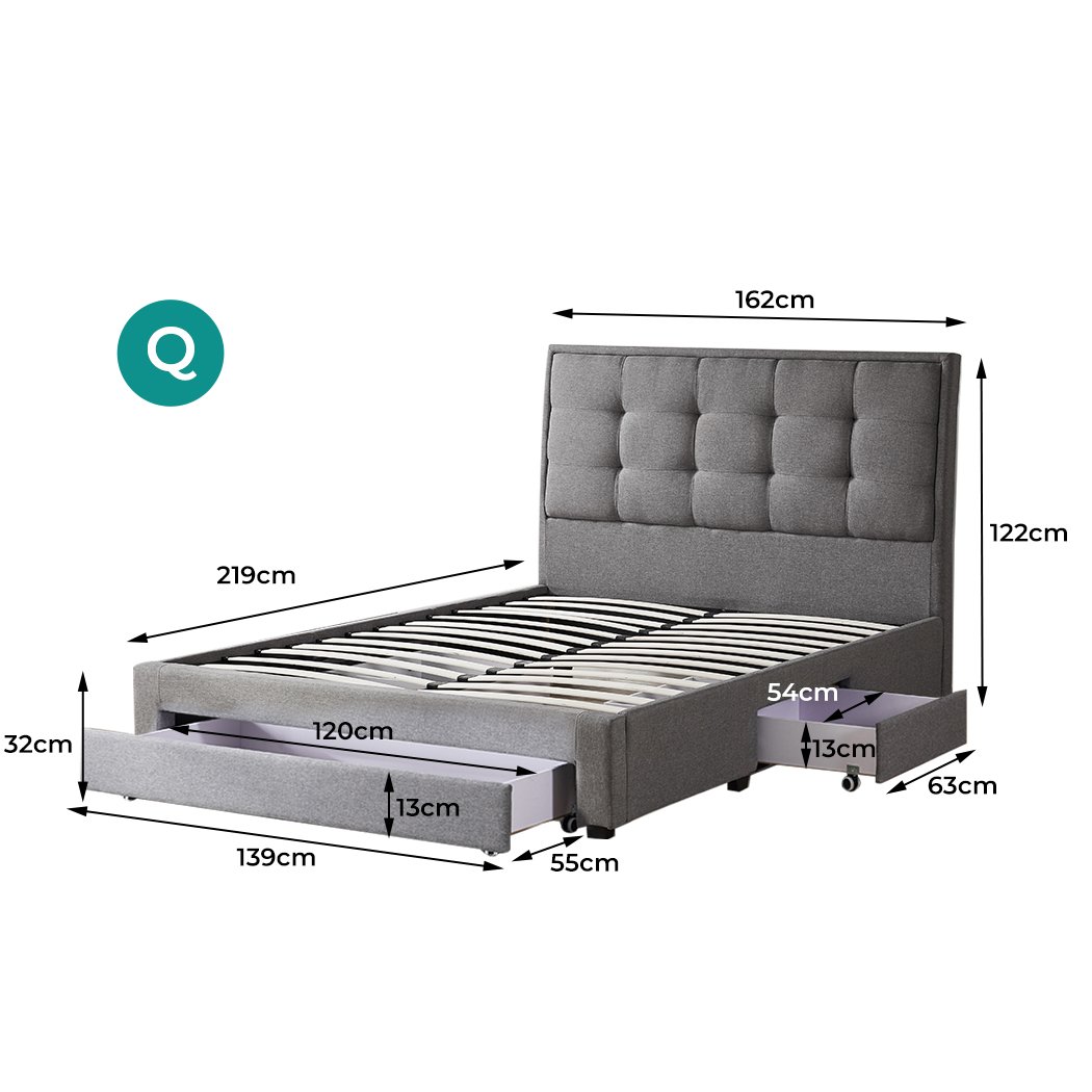 Levede Storage Bed Frame in grey with three drawers, showcasing modern design and linen upholstery.