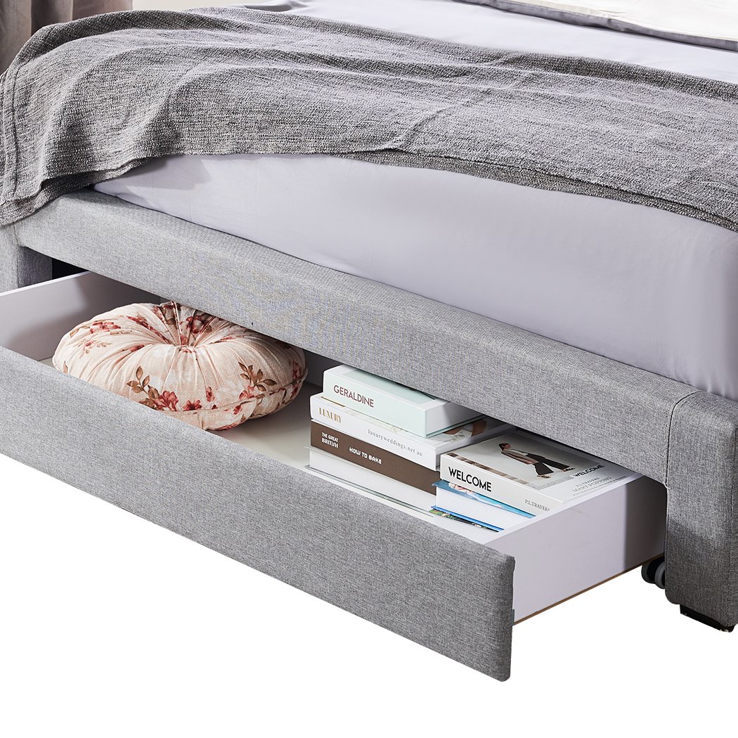 Levede Storage Bed Frame in grey with three drawers, showcasing modern design and linen upholstery.