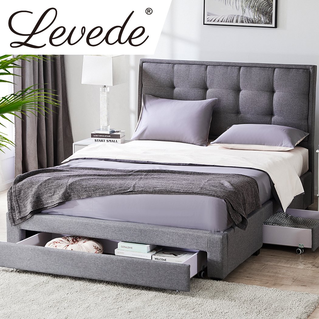 Levede Storage Bed Frame in grey with three drawers, showcasing modern design and linen upholstery.