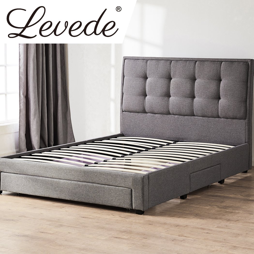 Levede Storage Bed Frame in grey with three drawers, showcasing modern design and linen upholstery.