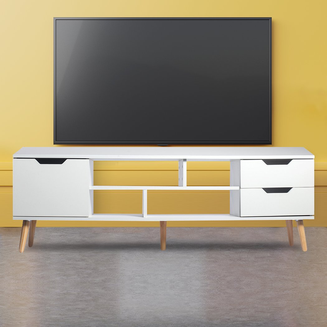 Levede TV Cabinet Entertainment Unit in white with open shelves and spacious drawers, showcasing modern design and solid construction.