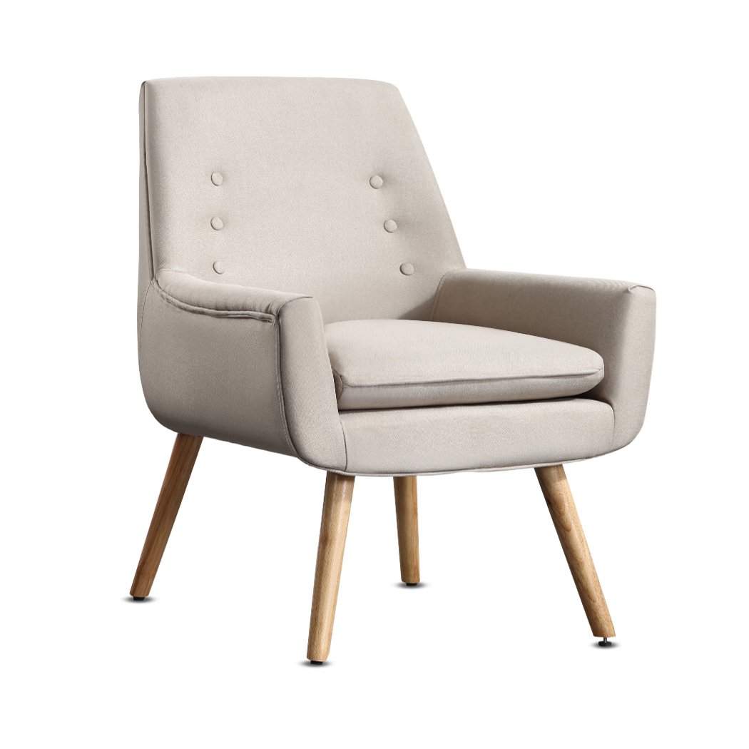 Levede Upholstered Fabric Dining Chair in beige with tufted backrest and wooden legs, showcasing modern and retro design.