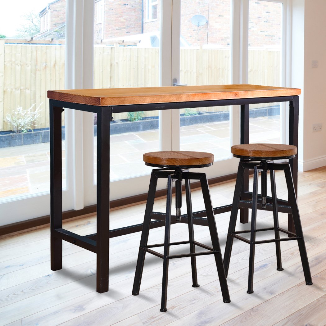 Levede Vintage Industrial Wood Bar Table featuring a natural wooden surface and sturdy steel legs, ideal for kitchens, cafes, and offices.