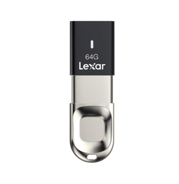 LEXAR JumpDrive F35 64GB Finger Print USB3 Flash Drive showcasing its sleek design and fingerprint sensor.