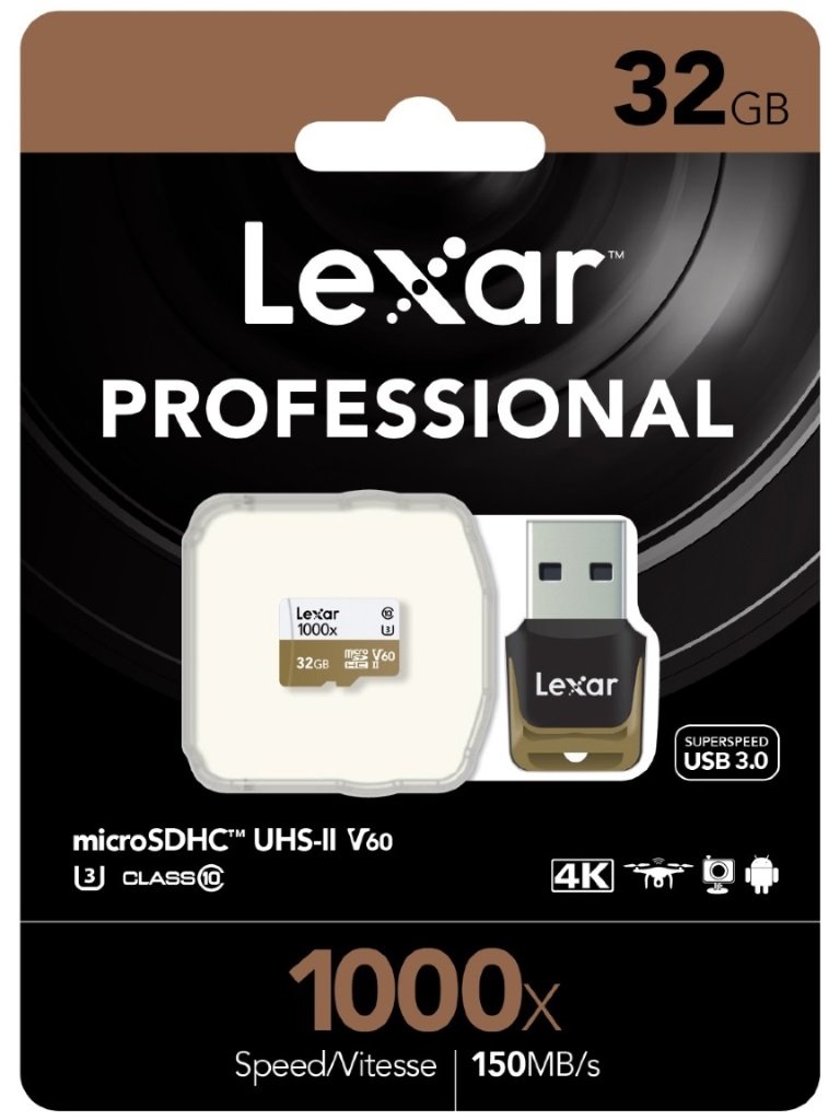 LEXAR Professional 1000x 32GB microSDHC UHS-II Card with UHS-II reader, showcasing high-speed performance for 4K video recording.