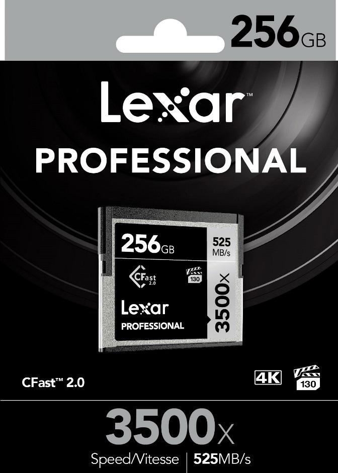 LEXAR Professional 3500x 256GB Cfast 2.0 Card showcasing its sleek design and high-performance specifications.