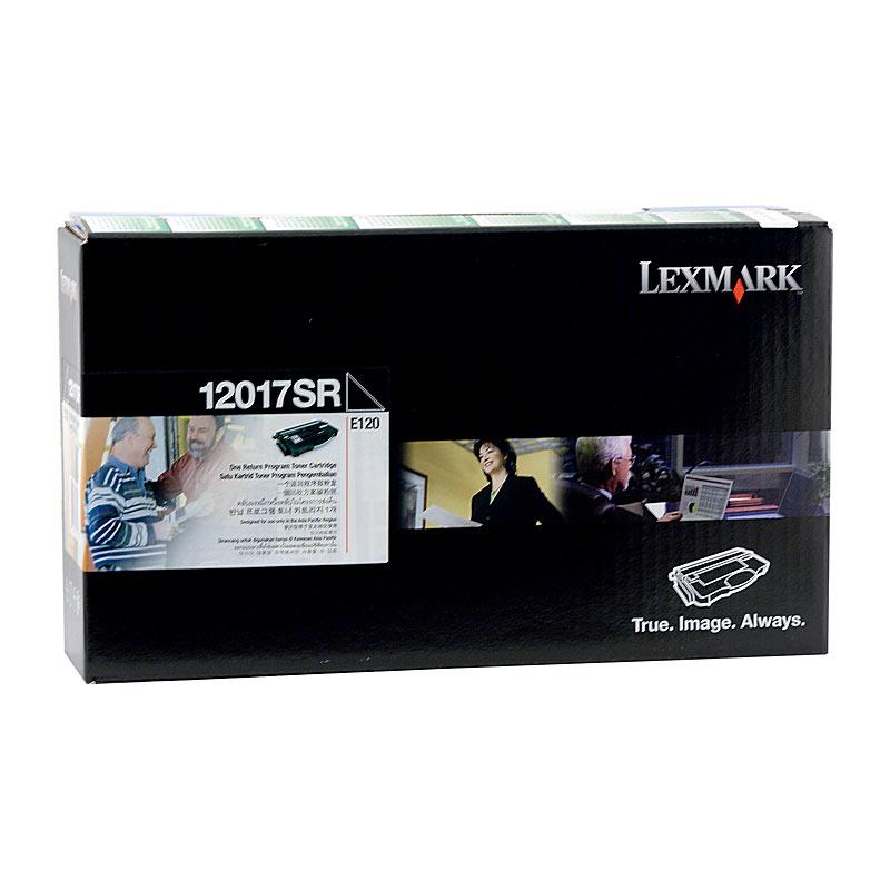 LEXMARK 12017SR Prebate Toner cartridge in black, designed for Lexmark E120N printer, showcasing its sleek design and packaging.