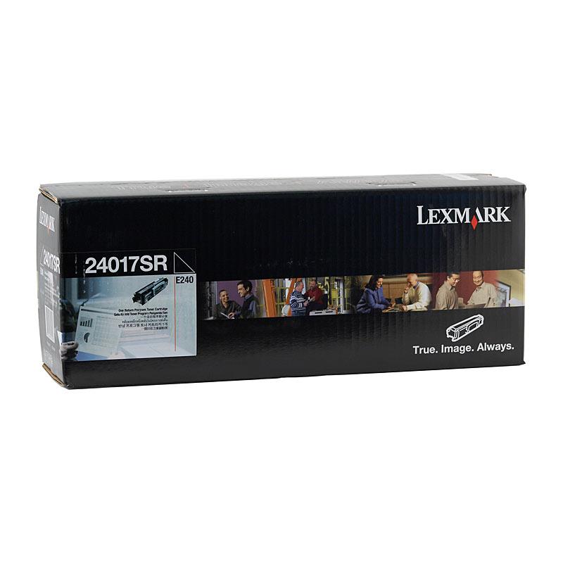 LEXMARK 24017SR Prebate Toner cartridge in black, designed for Lexmark E240 printer, showcasing its sleek design and premium quality.