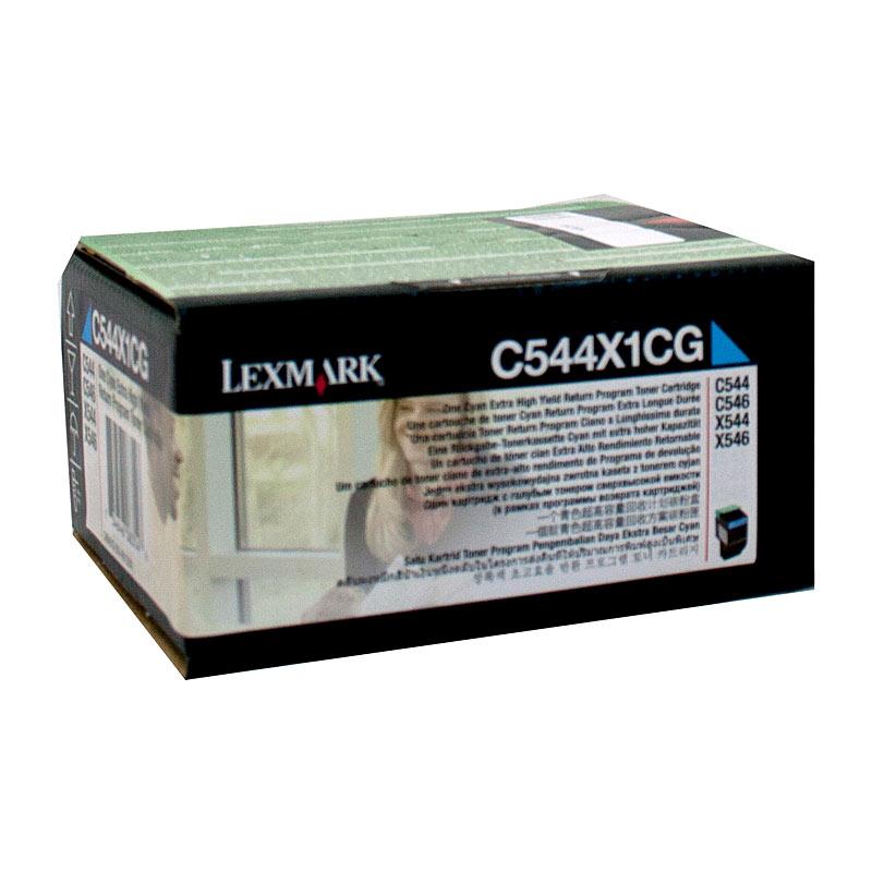 LEXMARK C544X1CG Cyan Toner cartridge, vibrant cyan color, designed for Lexmark printers.