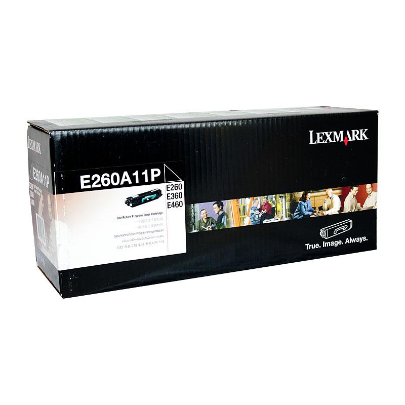 LEXMARK E260A11P Prebate Toner cartridge in black, designed for high-quality printing with a yield of 3,500 pages.