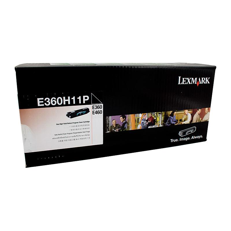 LEXMARK E360H11P Prebate Toner cartridge in black, designed for high-quality printing with a yield of 9,000 pages.