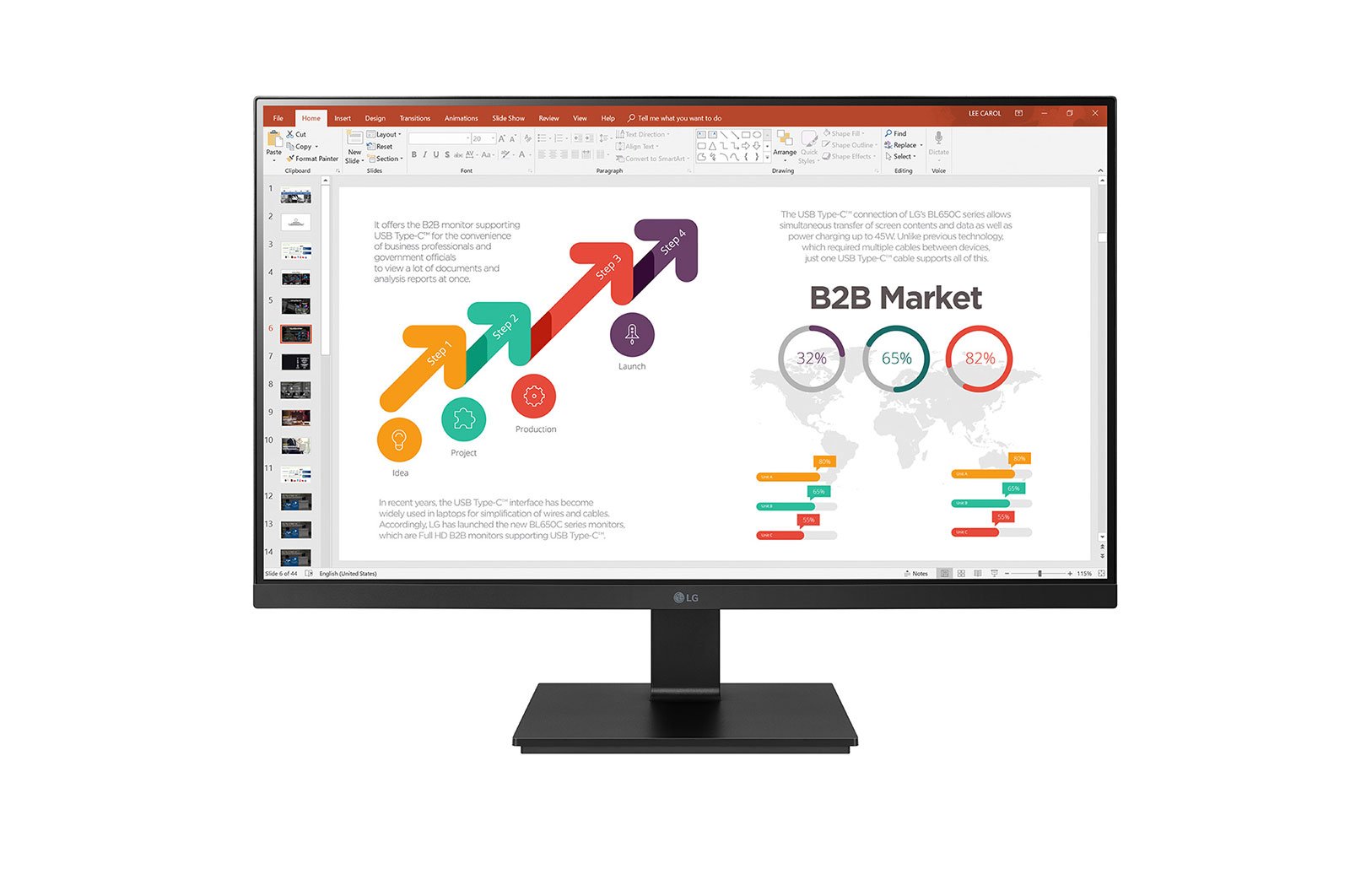 LG 23.8' IPS Full HD Monitor with USB-C, HDMI, and tilt adjustments, showcasing a sleek design and narrow bezels.