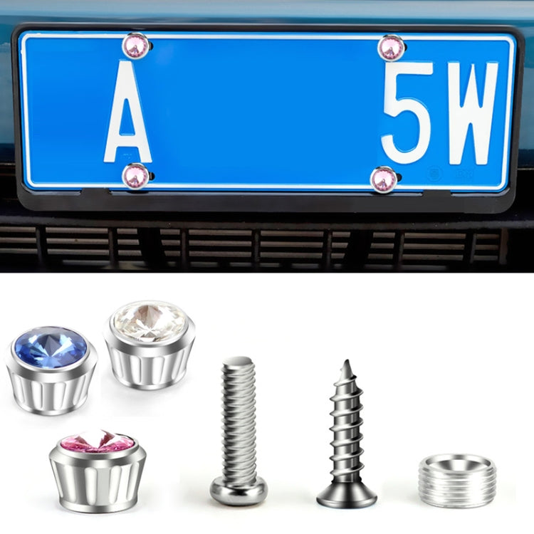 Pink rhinestone licence plate frame with anti-theft fixing nut cover, showcasing a stylish design for vehicle enhancement.