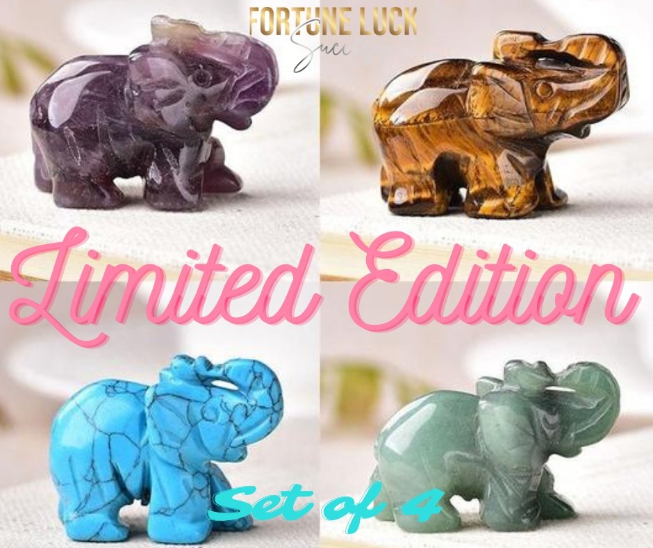 A limited edition set of four crystal elephants, each handcrafted from unique crystals including amethyst, green aventurine, tiger's eye, and turquoise, symbolizing good fortune.