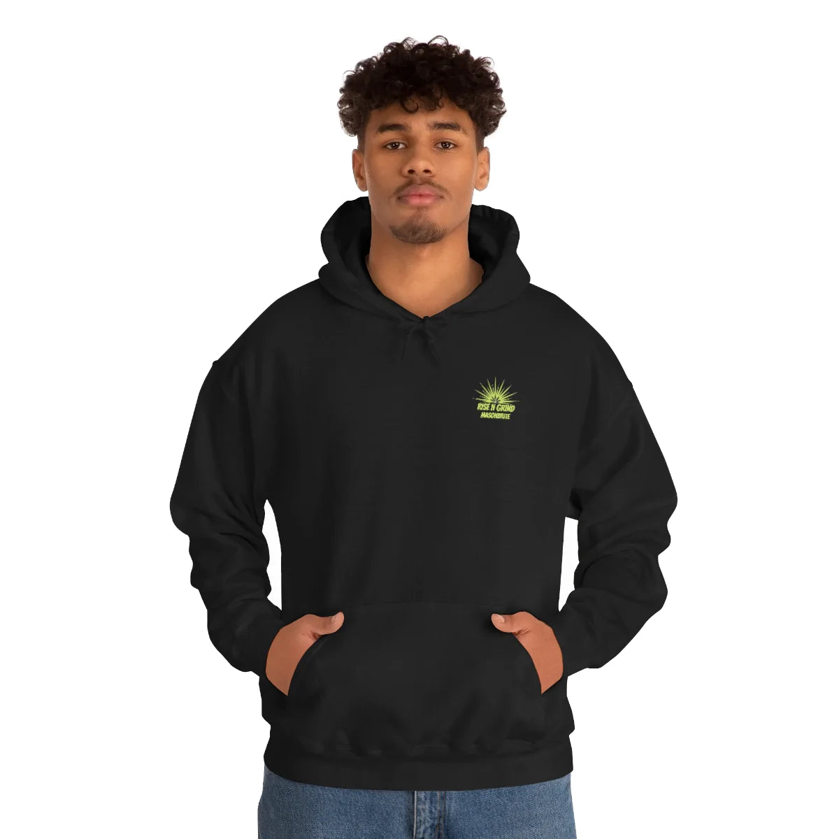 LIMITED EDITION TROG® MasonBrite BlazinHaze Collab Heavy Blend™ Hooded Sweatshirt featuring a plush fabric, spacious kangaroo pocket, and stylish drawstring hood.