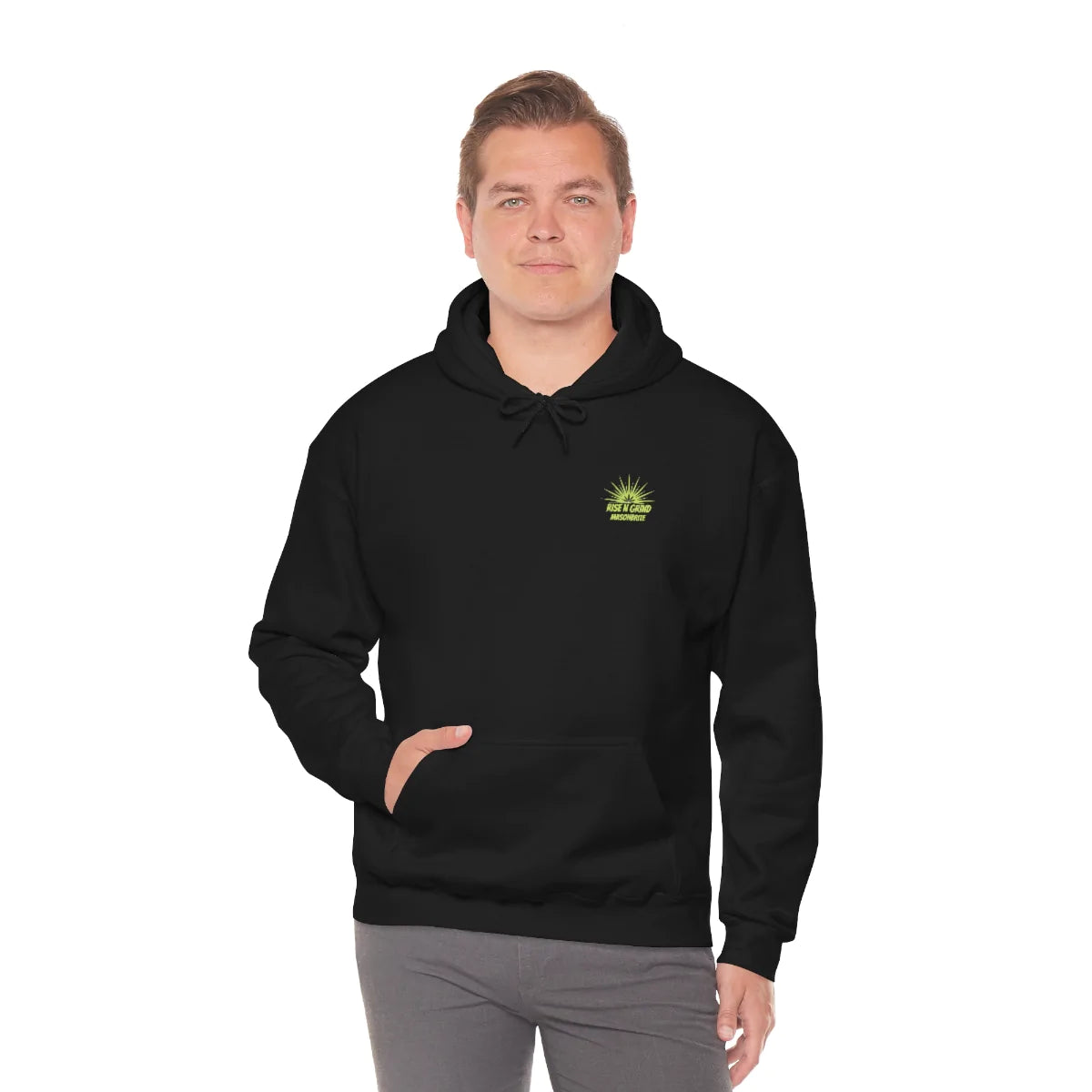 LIMITED EDITION TROG® MasonBrite BlazinHaze Collab Heavy Blend™ Hooded Sweatshirt featuring a plush fabric, spacious kangaroo pocket, and stylish drawstring hood.