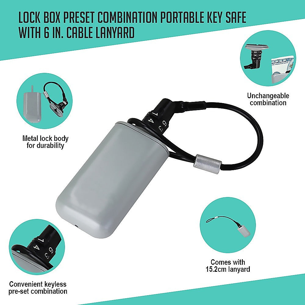 Portable key safe with preset combination and 6 in. cable lanyard, designed for secure storage of valuables.