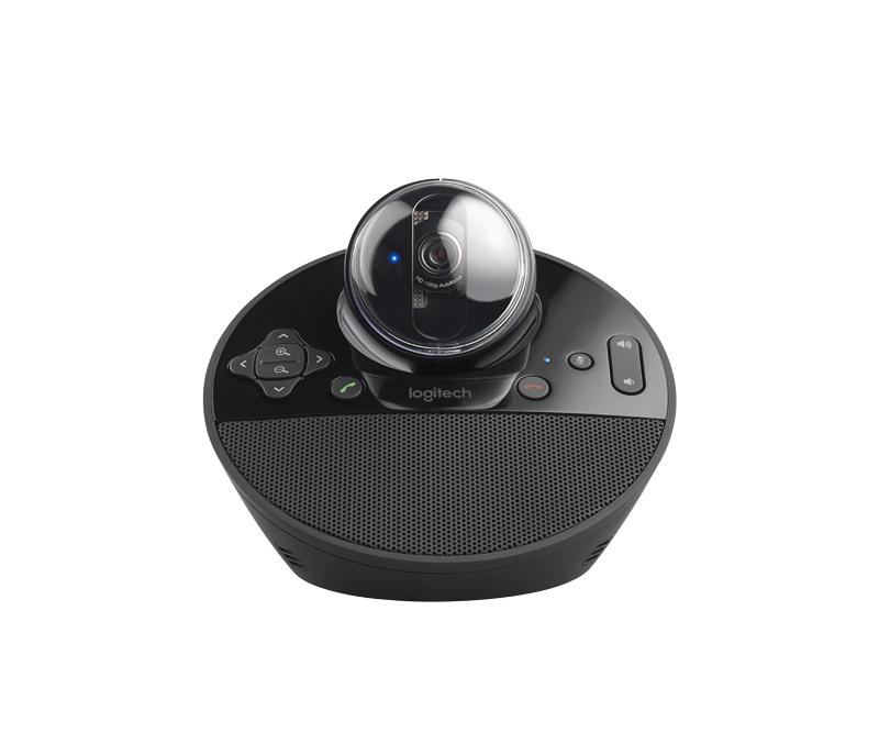 Logitech BCC950 Conference Camera with speakerphone and remote control, designed for small group video conferencing.