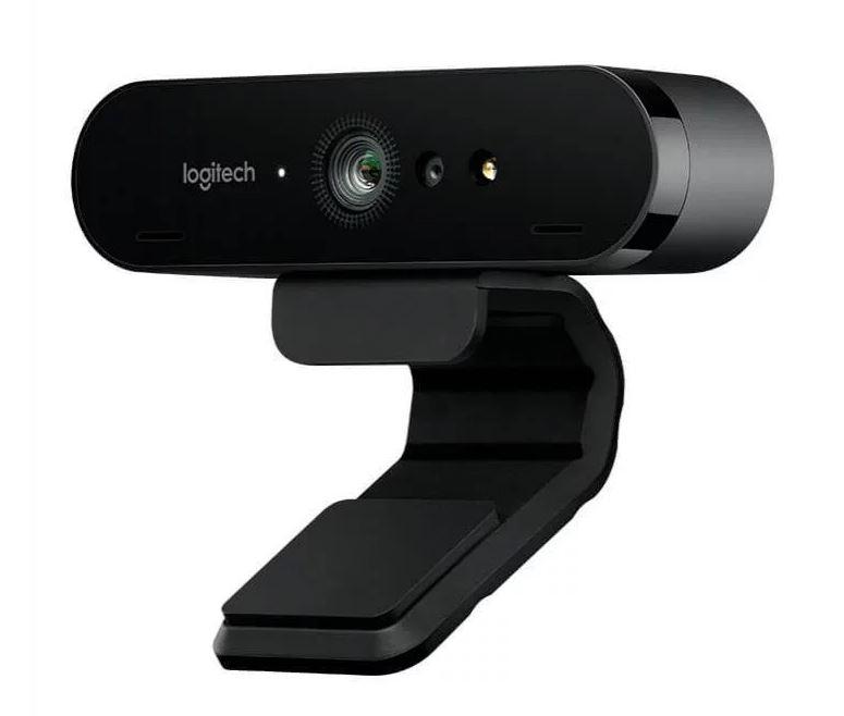 Logitech BRIO 4K Ultra HD Webcam showcasing its sleek design and adjustable features for video conferencing and streaming.