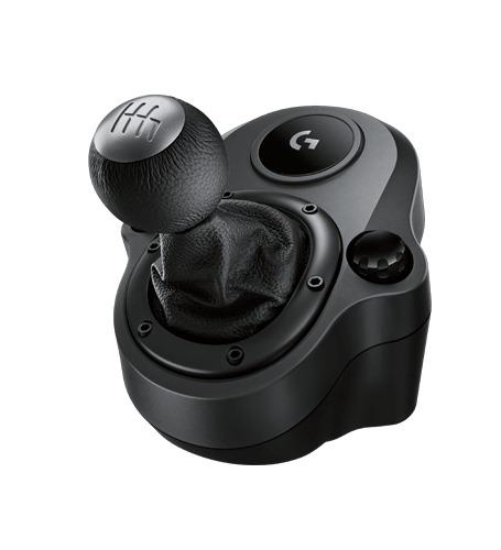 Logitech Driving Force Shifter featuring a solid steel gear shaft and hand-stitched leather cover, designed for G29 and G920 racing wheels.