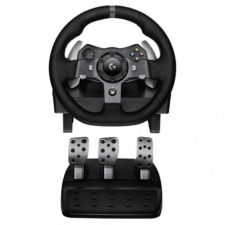 Logitech G920 Driving Force Racing Wheel featuring dual-motor force feedback, hand-stitched leather, and stainless steel components for Xbox and PC gaming.