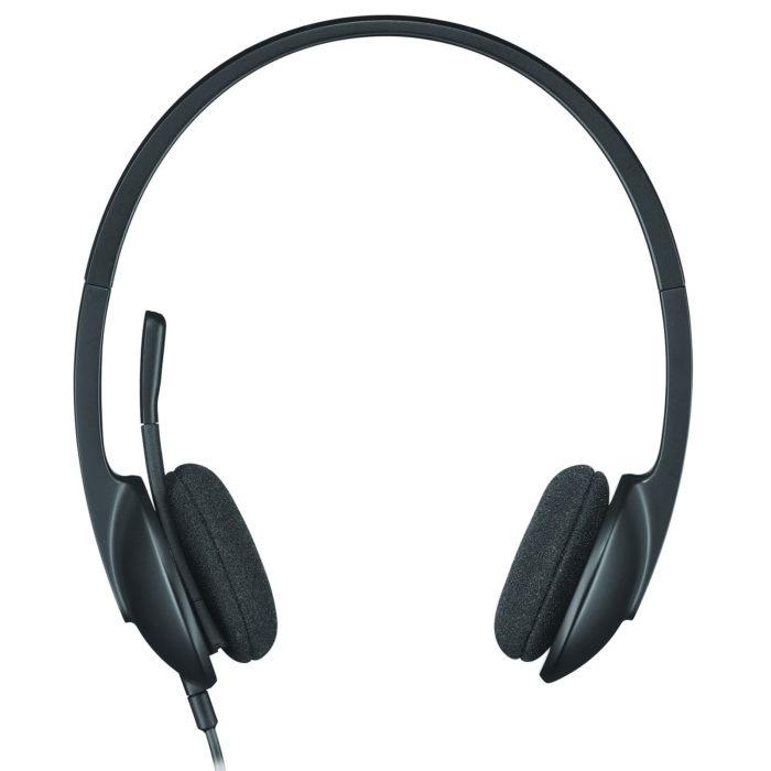 Logitech H340 USB headset with noise-cancelling microphone, featuring a lightweight design and adjustable headband.