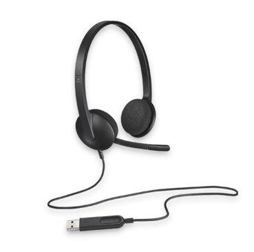 Logitech H340 USB headset with adjustable headband and noise-cancelling microphone, designed for comfort and clarity.