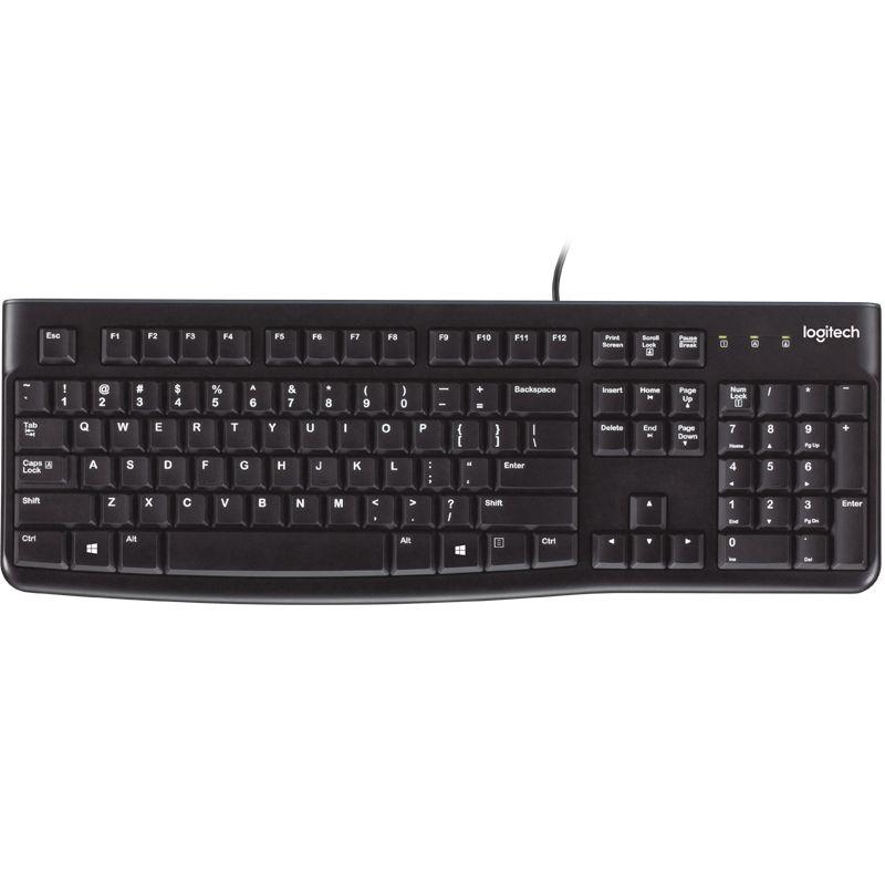 LOGITECH K120 Keyboard featuring a sleek, spill-resistant design with low-profile keys and a compact layout.