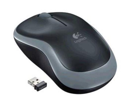 Logitech M185 Wireless Mouse in grey with a nano receiver, showcasing its ergonomic design and compact size.