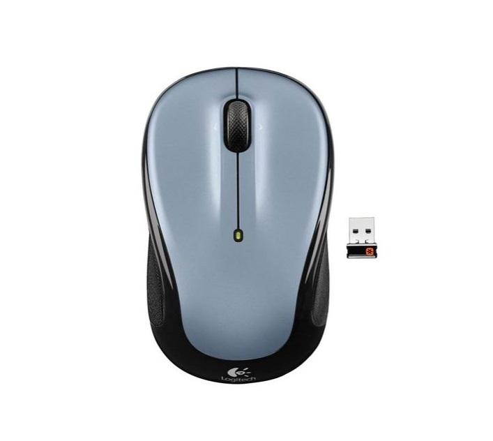 Logitech M325 Wireless Mouse in Grey with contoured design and glossy finish, featuring a USB Nano Receiver for easy connectivity.